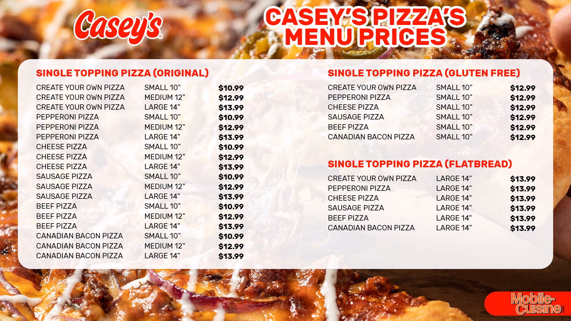 Does Caseys pizza have a high calorie menu?